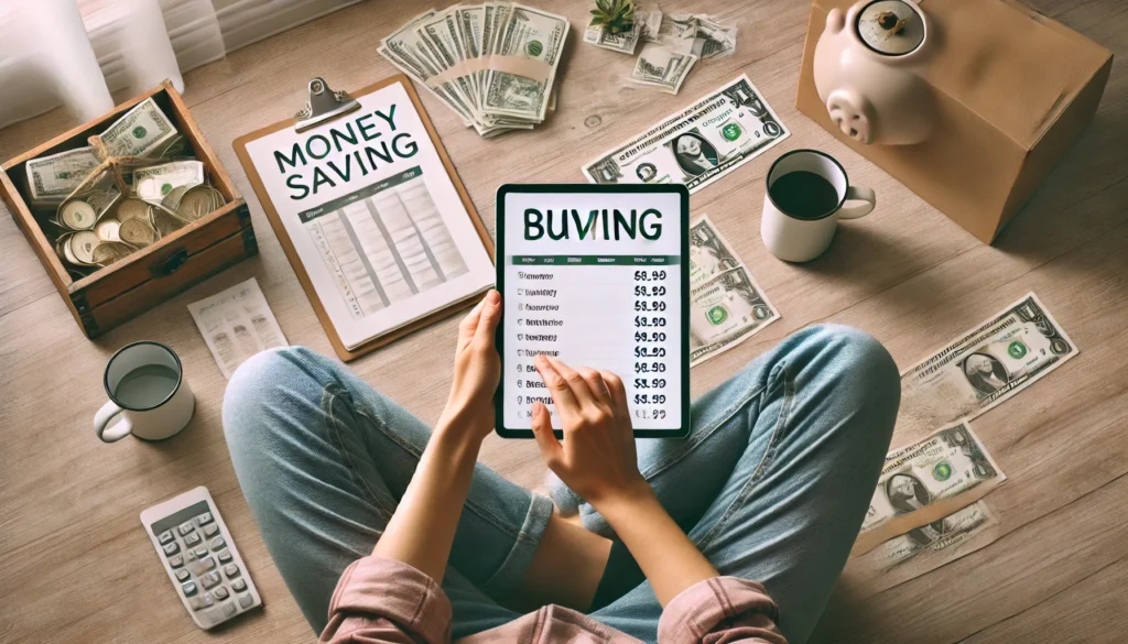 Person sitting cross-legged in a cozy home setting, using a tablet with a money-saving sheet, surrounded by bills and notebooks—representing calm, digital-focused frugal budgeting