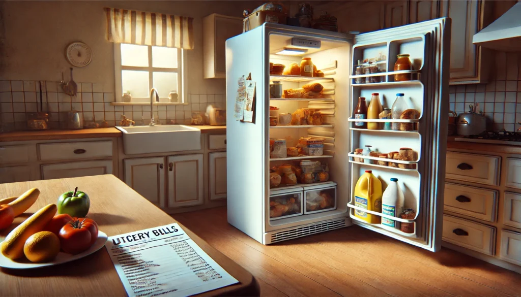 Realistic kitchen interior with an open fridge showing low food supply, utility bills on the counter, and a worn-out grocery list, illustrating overlooked food and utility expenses in a frugal budget plan