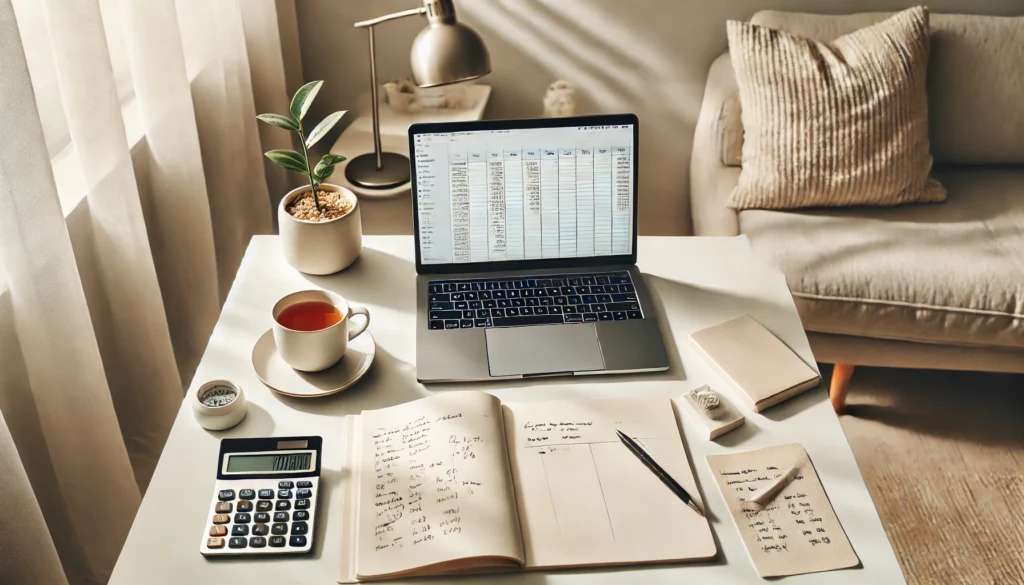 A clean, minimalist home office with a laptop showing a spreadsheet, surrounded by budgeting tools like notes and a calculator, reflecting frugal financial planning without paid software