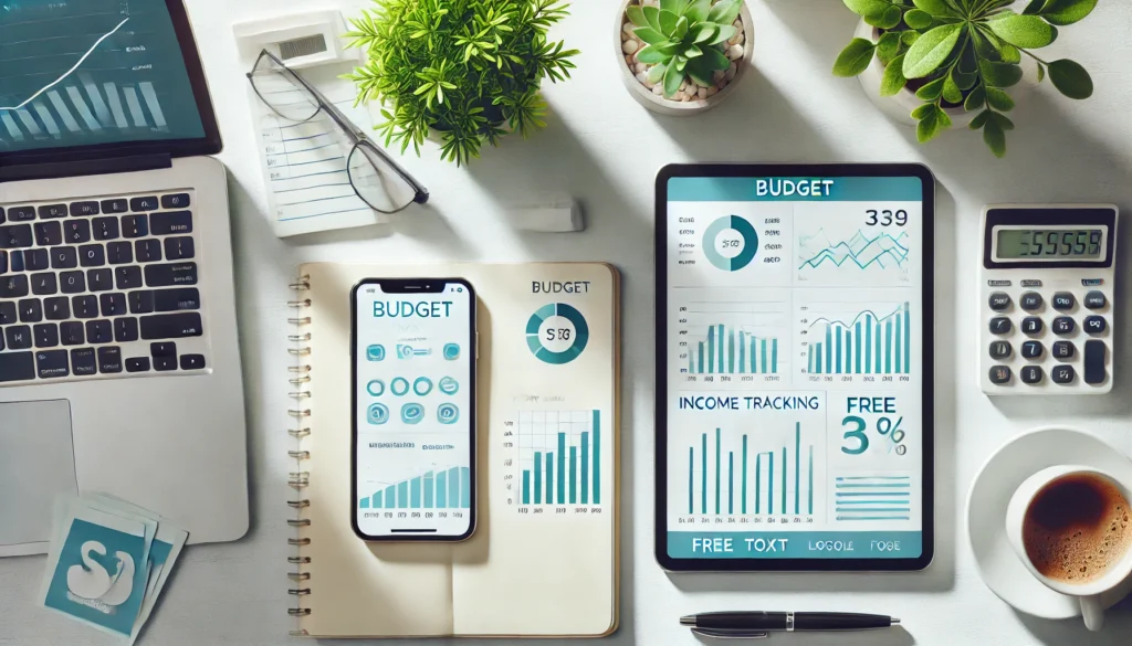 Overhead view of a clean, modern workspace with a tablet and smartphone displaying budget graphs—evoking streamlined, tech-savvy personal finance tracking