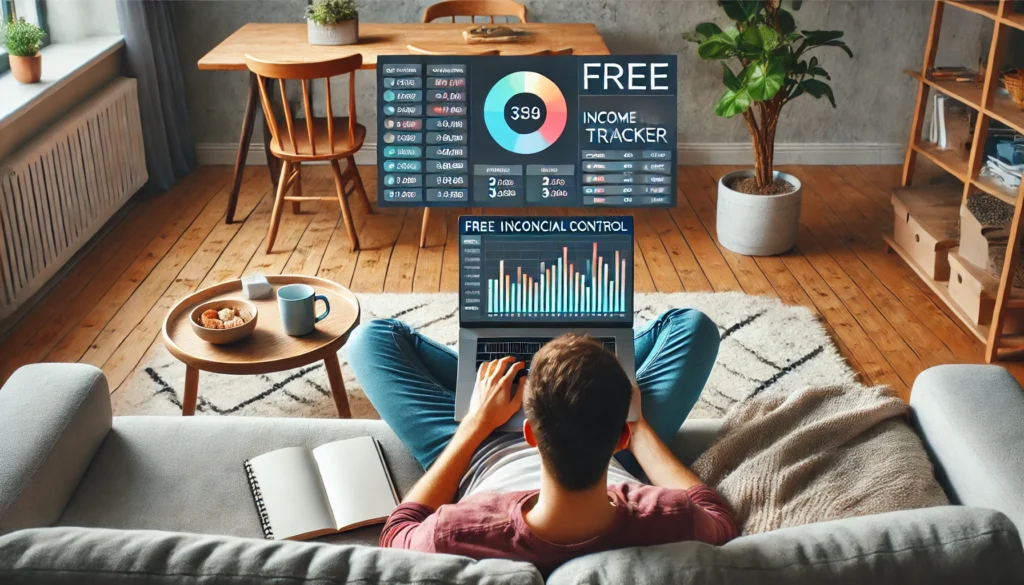 Young person managing personal finances on a laptop while seated on a cozy couch—showcasing relaxed yet focused budgeting through free income tracking tools