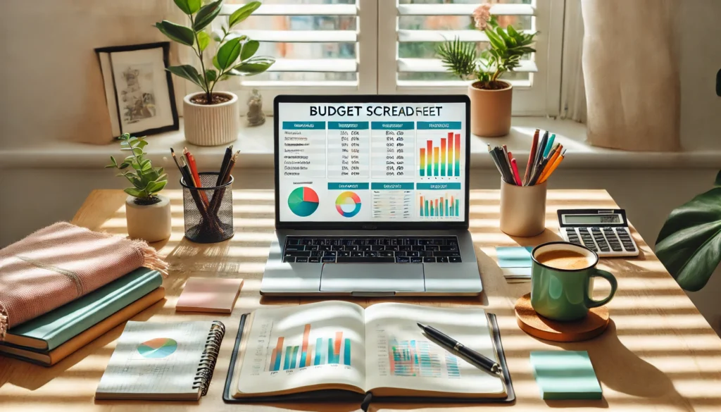 A calm and organized home office setup with a laptop showing a colorful budget spreadsheet, surrounded by notepads, coffee, and a plant, symbolizing frugal financial planning in a productive space