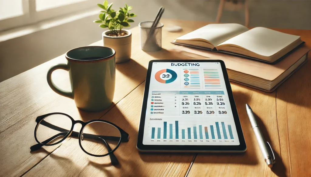 A digital tablet on a wooden desk showing a colorful budget spreadsheet, paired with glasses, a mug, and a plant—symbolizing simplicity, tech-savvy organization, and mindful frugal living