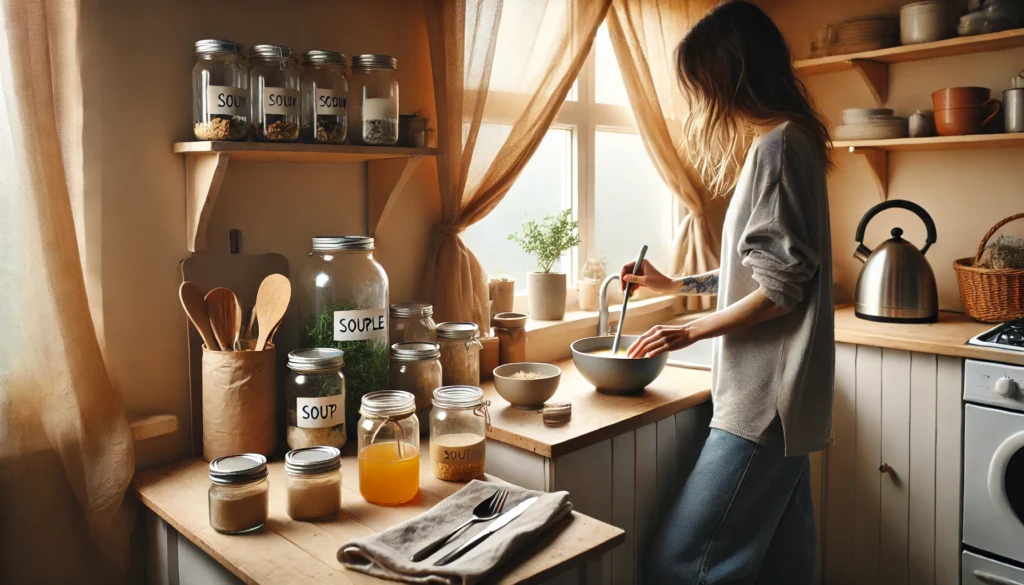 Minimalist kitchen with a woman cooking a simple, budget-friendly meal in a cozy, organized space filled with reused jars and natural light—representing stress-free frugal living