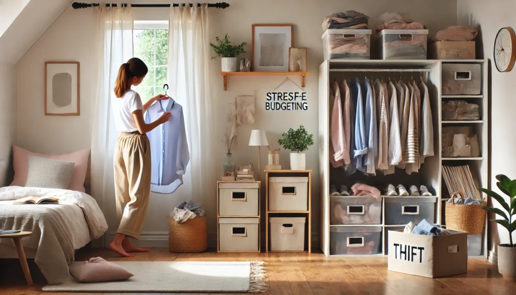Bright, minimalist bedroom with a person folding clothes beside a simple wardrobe—reflecting organized, frugal living and mindful budgeting on a tight income