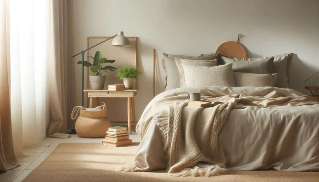 Cozy, clutter-free bedroom with secondhand furnishings and natural elements, showcasing stylish yet frugal home living
