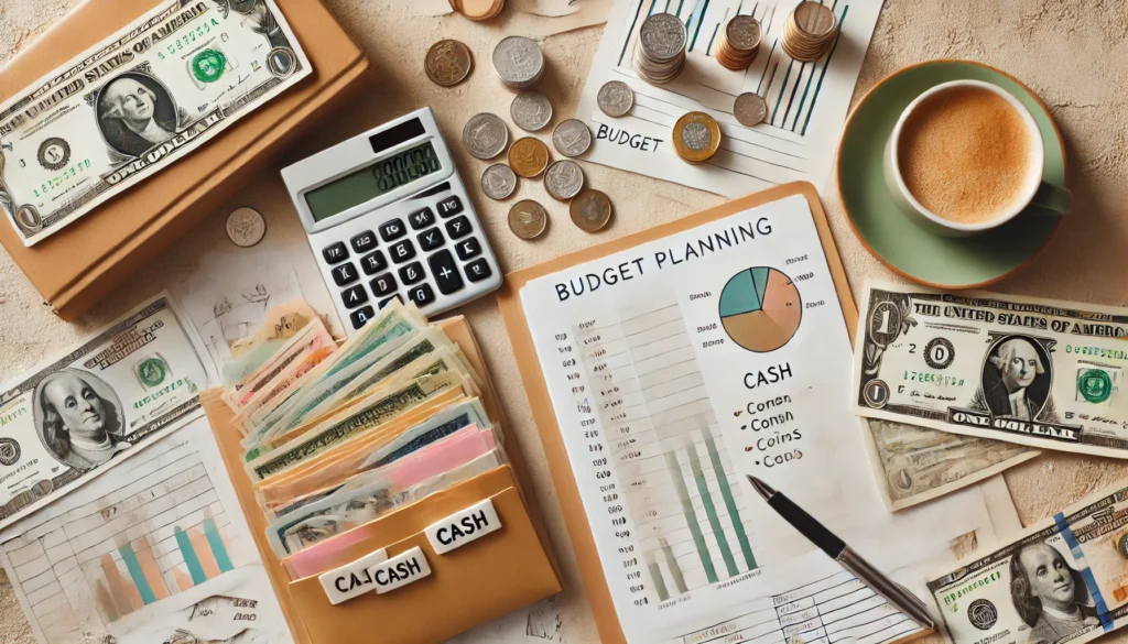 Flat lay of a budget planning desk with colored envelopes filled with cash, a calculator, coins, and a notepad showing pie chart sketches—visually symbolizing how to divide your paycheck to save money effectively
