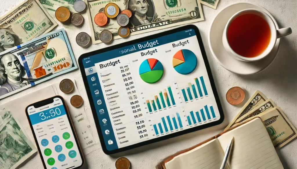 Modern workspace with a tablet showing a digital budget spreadsheet, surrounded by cash, coins, a notebook, and tea—representing tech-driven frugal paycheck planning