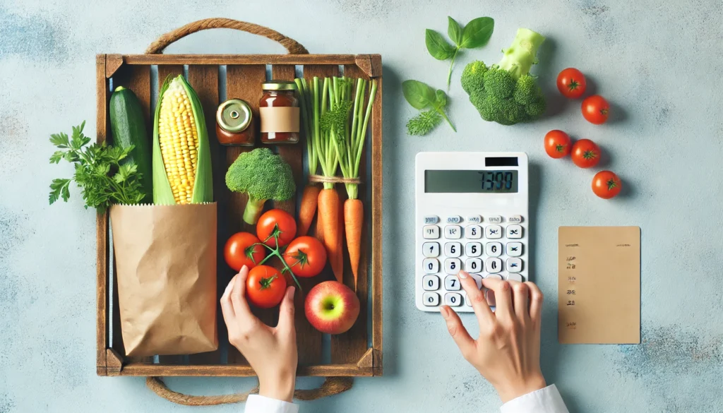 A minimalist grocery shopping scene featuring a person carefully selecting fresh vegetables while holding a calculator, symbolizing mindful budgeting and smart spending on essentials