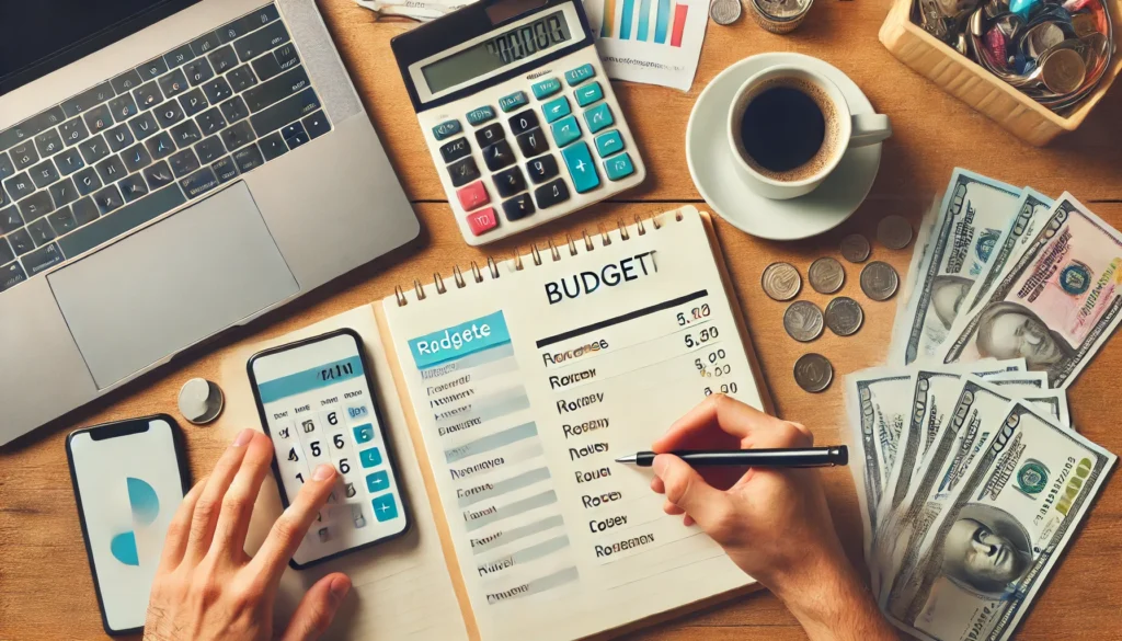 A budgeting workspace featuring a notepad, calculator, and a cup of coffee, where a person is organizing expenses and setting financial goals, symbolizing effective money management and financial planning