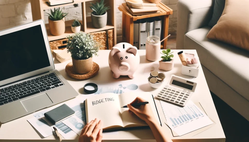 A person is budgeting with a notebook and calculator in a serene home office setup. The organized workspace includes a piggy bank and financial planning charts, symbolizing financial control, mindful spending, and frugal money management