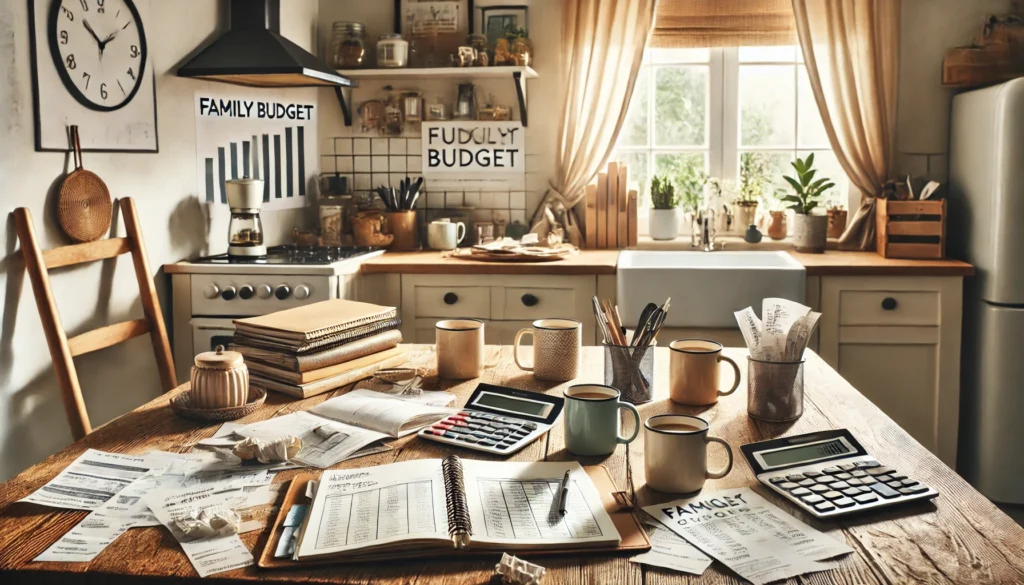 Organized home kitchen table with budget tools like receipts, a calculator, and a laptop, capturing a frugal living household planning a practical family budget
