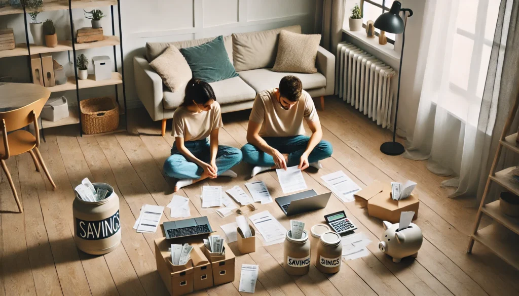 Young couple budgeting at home, surrounded by receipts, a laptop, and savings jars, illustrating frugal teamwork and practical household money management