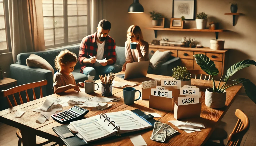 Family sitting around a wooden dining table organizing receipts and using a budget binder and laptop, surrounded by natural light and houseplants—depicting effective home budgeting as part of frugal living
