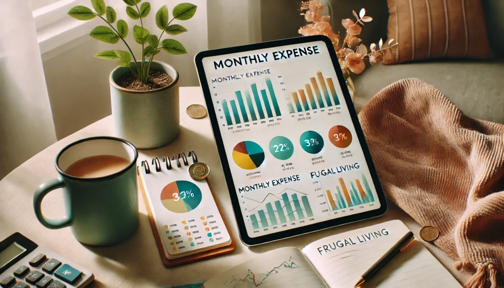 Minimalist home workspace with a tablet displaying colorful monthly expense graphs, surrounded by a notepad, coffee mug, and potted plant—symbolizing organized budgeting and frugal living efficiency