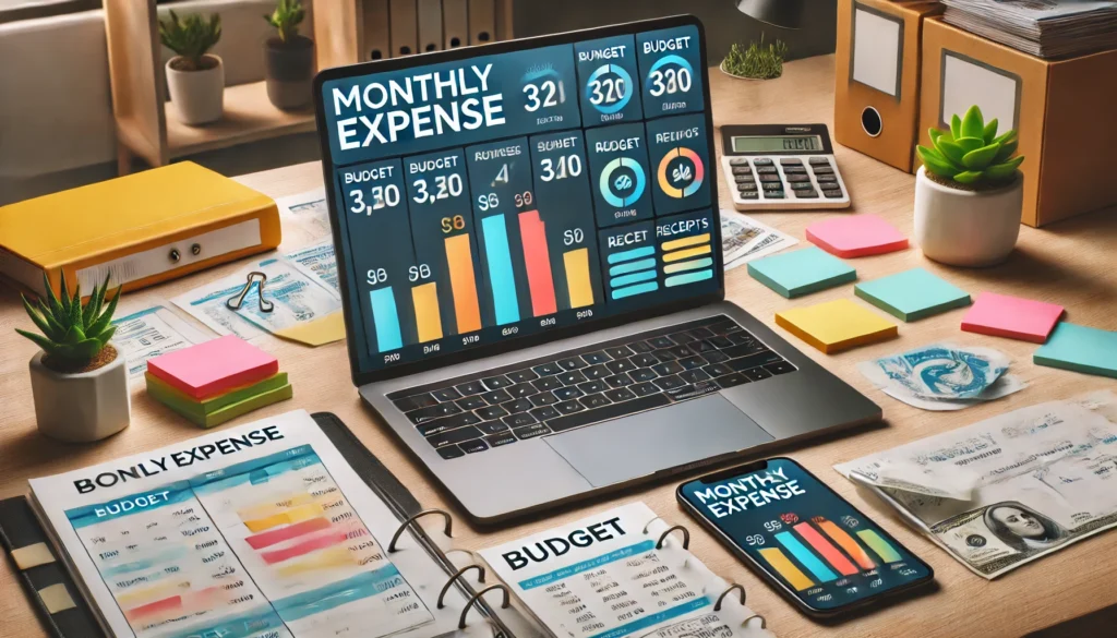 Home office desk with a laptop displaying a digital monthly expense template, surrounded by receipts, sticky notes, and a binder—capturing the essence of disciplined, frugal financial planning