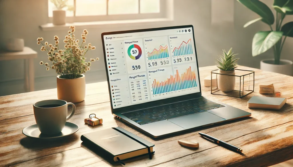 A clean, minimalist workspace with a laptop showing colorful personal finance charts in Google Sheets, surrounded by a coffee cup, pen, and notebook on a wooden desk—capturing the essence of frugal living and financial organization