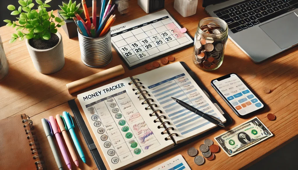 A minimalist home office desk featuring a money tracker book, colorful pens, a smartphone, and a coin jar, reflecting organized budgeting for frugal households
