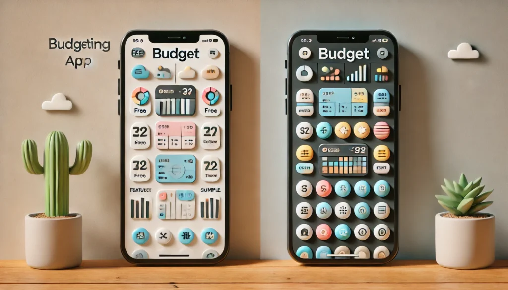 A conceptual side-by-side view of two smartphones on a wooden table, one displaying a minimalist budgeting app interface representing a free version, and the other showing a more colorful, feature-rich interface symbolizing a premium budget app, visually comparing free vs. paid finance tools