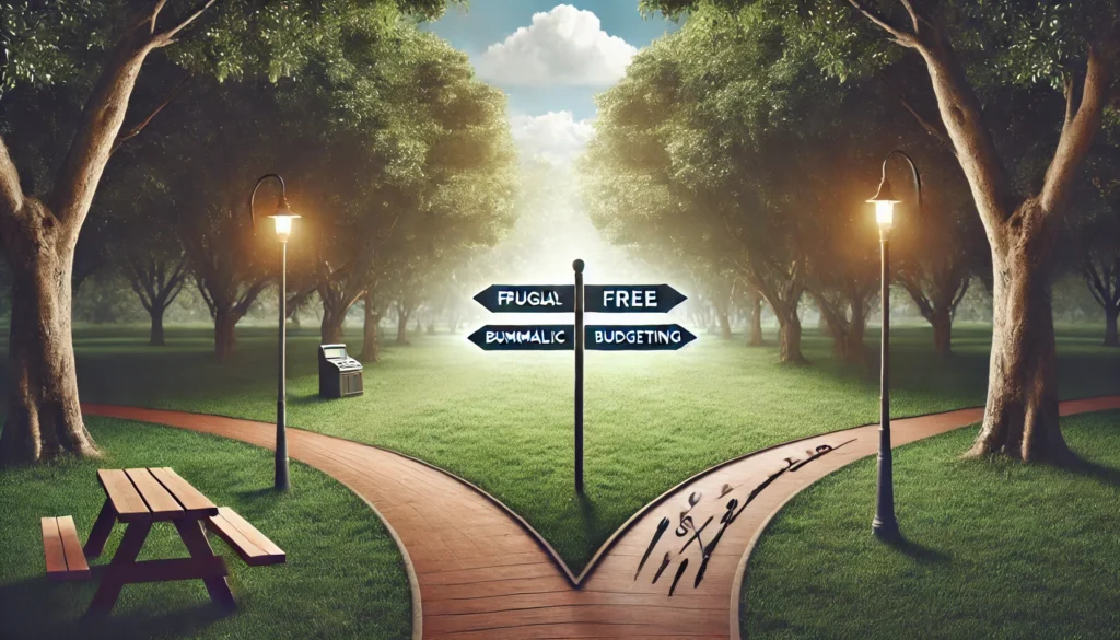 A symbolic park scene showing two diverging paths: one unpaved and simple, symbolizing a frugal lifestyle with free budgeting tools; the other paved and illuminated with modern signposts, representing the structured journey of using a premium budget app