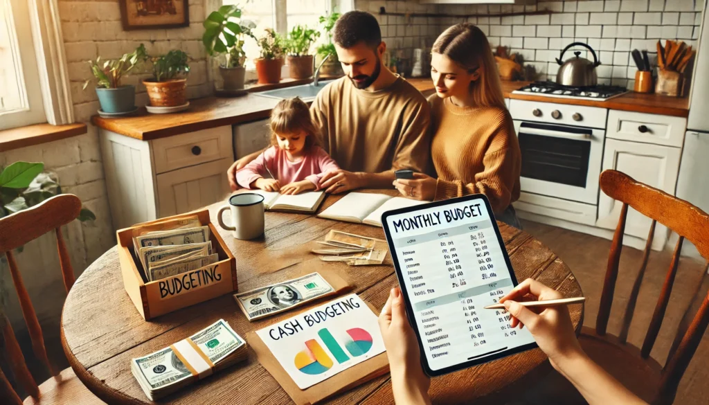 A family gathered around a kitchen table reviewing their budget with charts, cash envelopes, and notebooks, illustrating collaborative frugal living and expense management