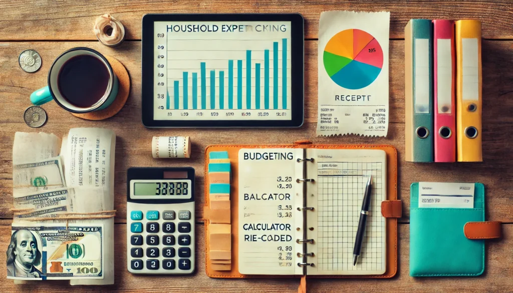 A flat lay of budgeting tools including a journal, calculator, receipts, tablet with charts, and folders, representing organized expense tracking for smart household spending