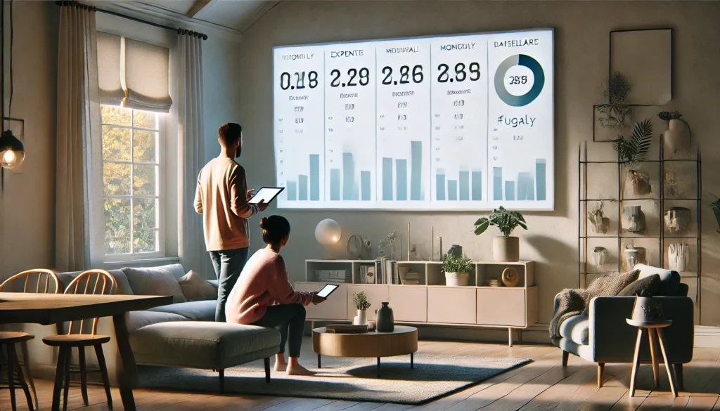 A couple in a minimalist living room reviewing a household spending dashboard on a wall screen, showcasing smart expense management and intentional, frugal living