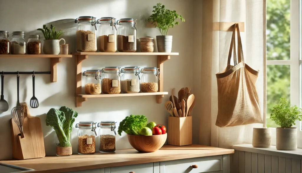 A bright, minimalist kitchen with natural lighting, wooden shelves storing dry goods in glass jars, fresh vegetables on the counter, and a reusable bag—symbolizing frugal home cooking and sustainable grocery habits