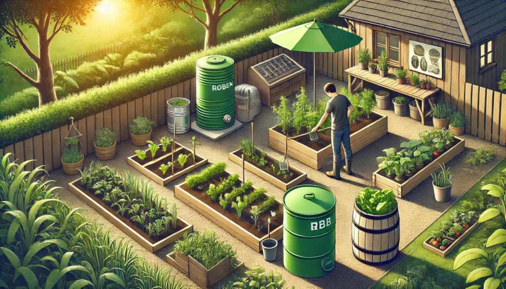 A sunny backyard garden with raised beds full of vegetables, a compost bin, and a rain barrel, where someone tends plants—representing eco-conscious, frugal living through homegrown food and resource conservation