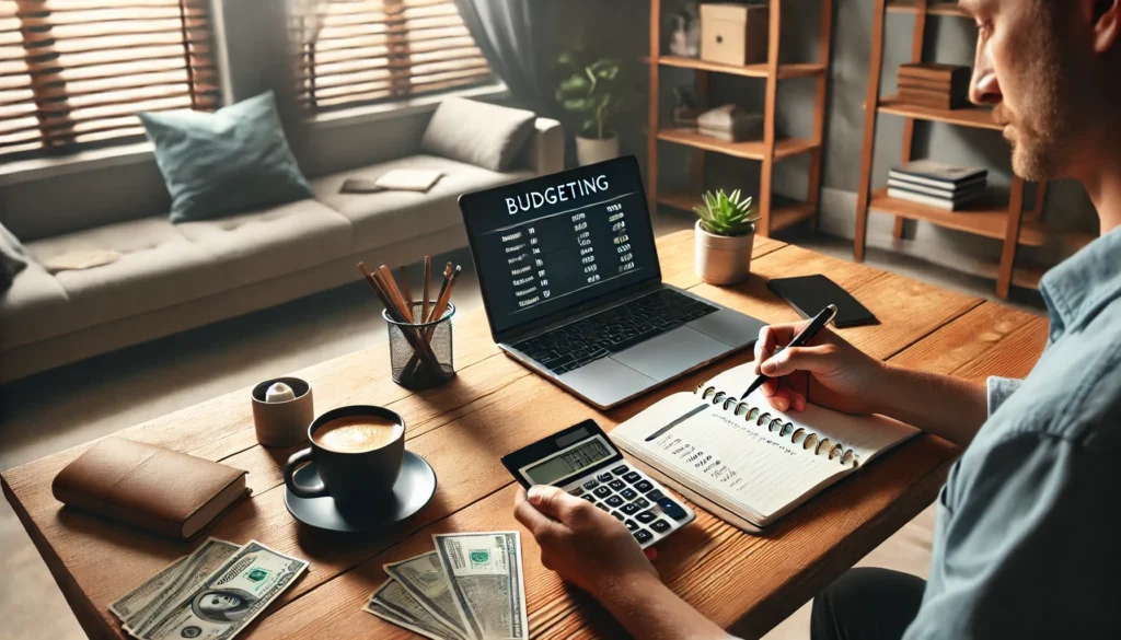 A calm, organized home office with a laptop, budgeting notebook, calculator, and coffee cup on a wooden desk, where someone is managing finances—illustrating careful expense tracking and smart money habits for frugal living
