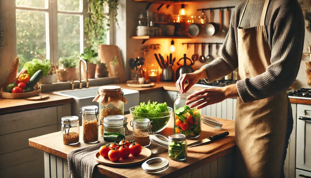 A modern, cozy kitchen with a person preparing a fresh, homemade meal using vegetables, surrounded by glass jars and reusable containers, conveying a frugal yet warm and sustainable lifestyle