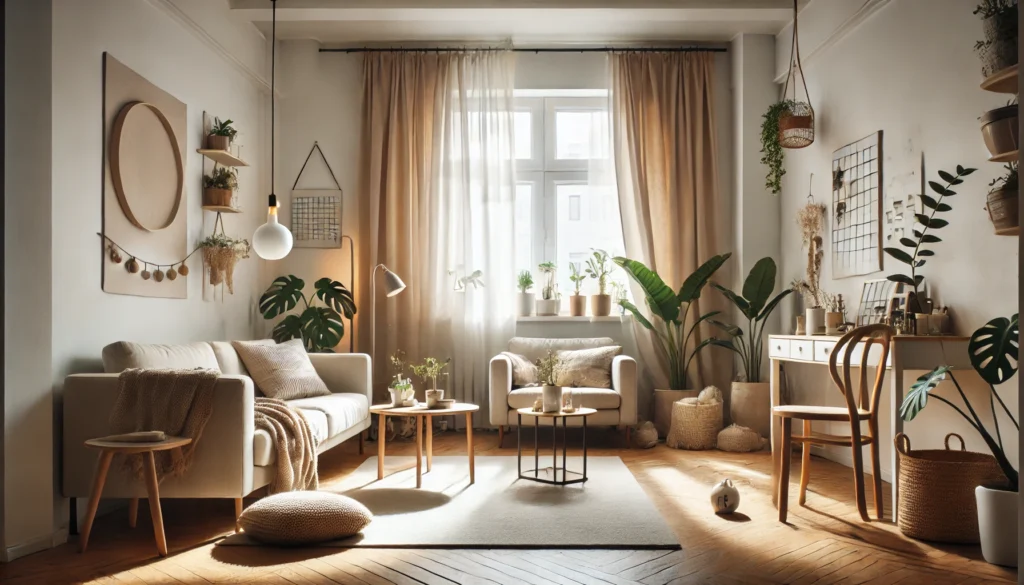 A sunlit, minimalist living room with simple furniture, indoor plants, DIY decor, and energy-efficient elements like thick curtains and LED lighting, representing stylish and frugal home living