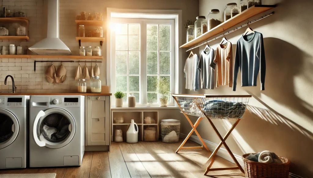 A bright utility room with clothes drying on a foldable rack near a sunlit window, alongside jars of homemade detergent and energy-efficient appliances, embodying eco-friendly and cost-saving habits