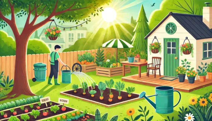A sunny backyard garden with a person watering a vegetable patch beside a compost bin, illustrating a sustainable and frugal lifestyle through homegrown produce and reduced household expenses