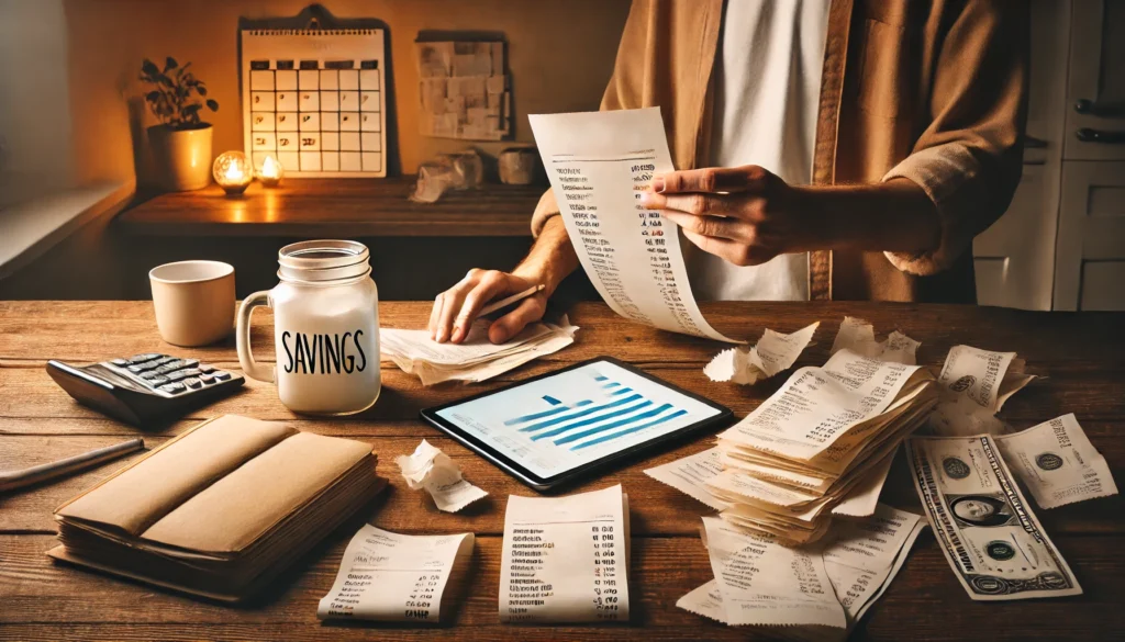Person organizing receipts at a kitchen table with a tablet showing a monthly expense chart, representing frugal living and manual budget tracking
