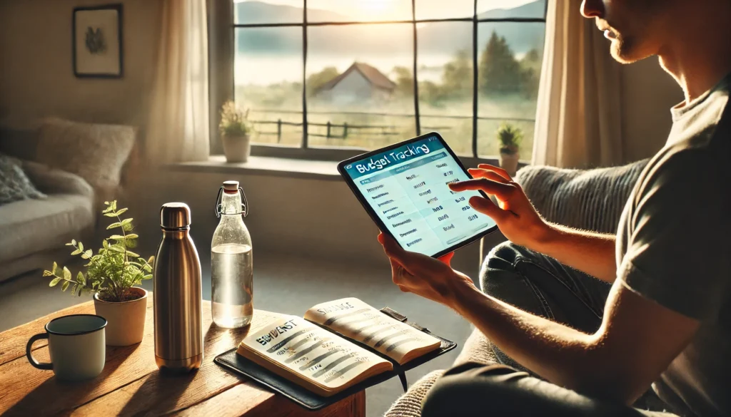 Person using a budget tracking app on a tablet in a calm living room, surrounded by eco-friendly items and handwritten expenses, reflecting mindful and frugal financial habits